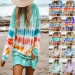 Women Long Sleeve Blouse Sweatshirt Round Neck Tie Dye Print Colorful Pullover Top Mini Dress