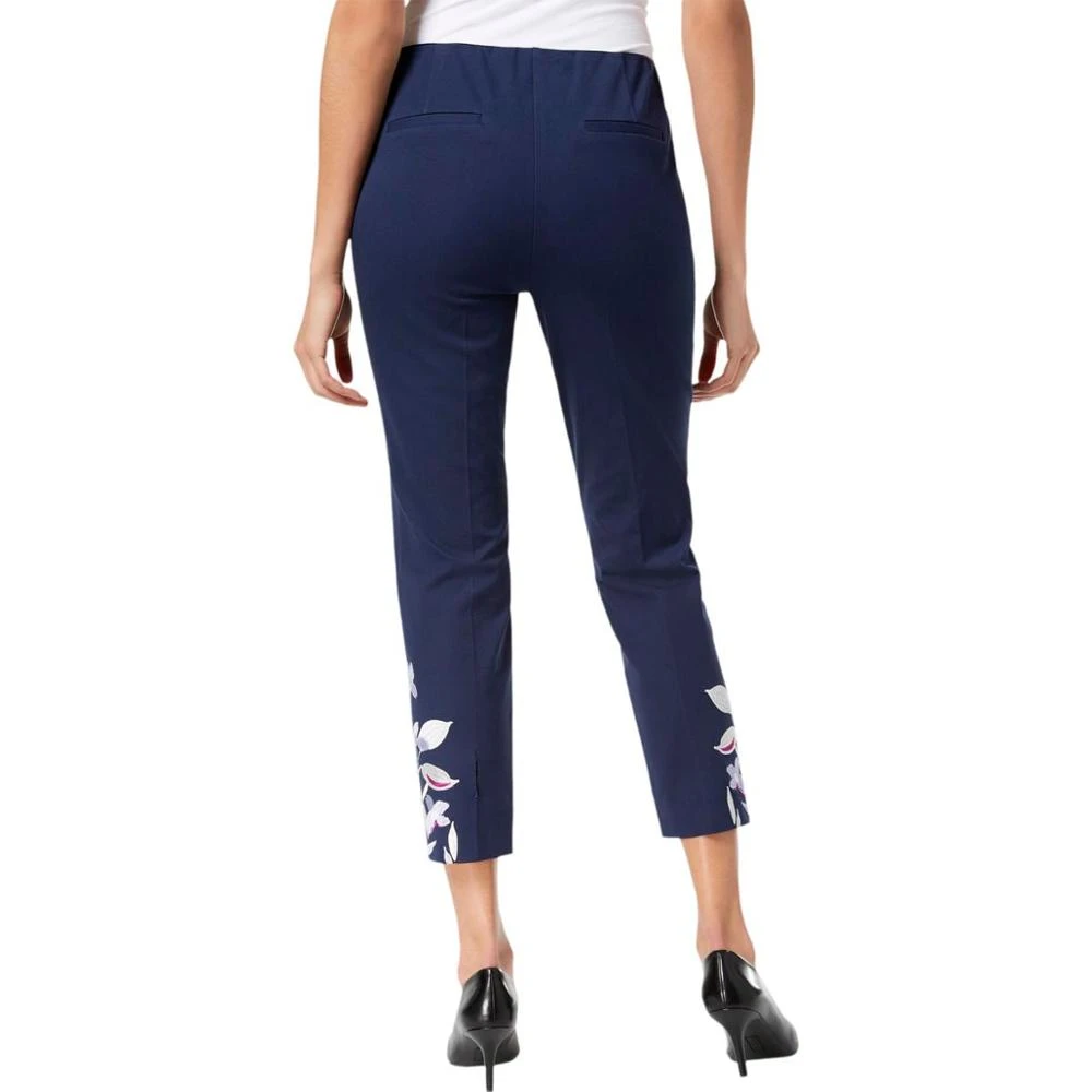 Women Navy Blue Floral Print Office Work Wear Cropped Skinny Pants Trousers For All Season