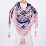 Women Neckwear Tribal Geometric Printing Turkish Tassel Square Boho Scarf Wholesale