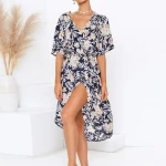Women Summer Dress  Flower Print Short Sleeve Women Loose Chiffon Dress