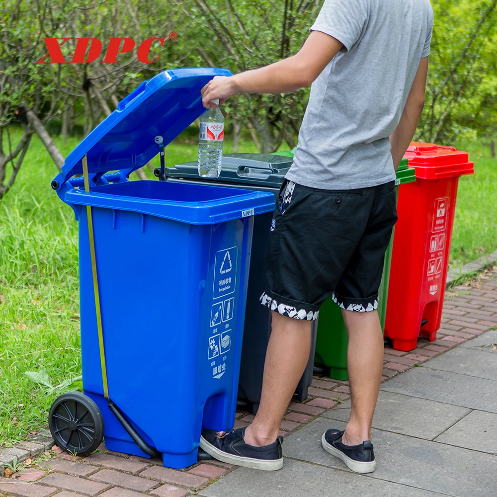 XDPC Eco-friendly 120l 240l outdoor plastic large foot pedal garbage trash waste bin dustbin with wheels