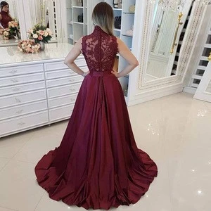 ZH3714G Vintage High Collar A-line Prom Dresses Lace Appliques Pearls Satin Homecoming Dress Draped Skirt Evening Wears