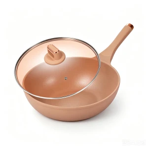 Mineral Clay Non-stick Wok, 33cm Induction Compatible Alloy Frying Pan with Heat Resistant Handle & Glass Lid