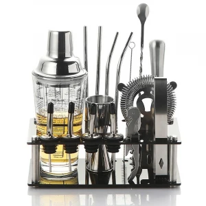 Stainless Steel 17 Pcs cocktail shaker Bartender set with Display Stand Cocktail kit for Christmas Gifts