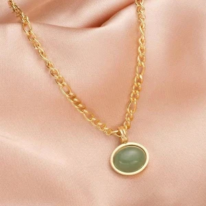 Titanium Steel Chain Natural Green Gemstone Necklace
