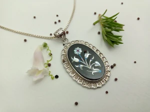 Marble Inlay Pendant With Silver Frame And Chain