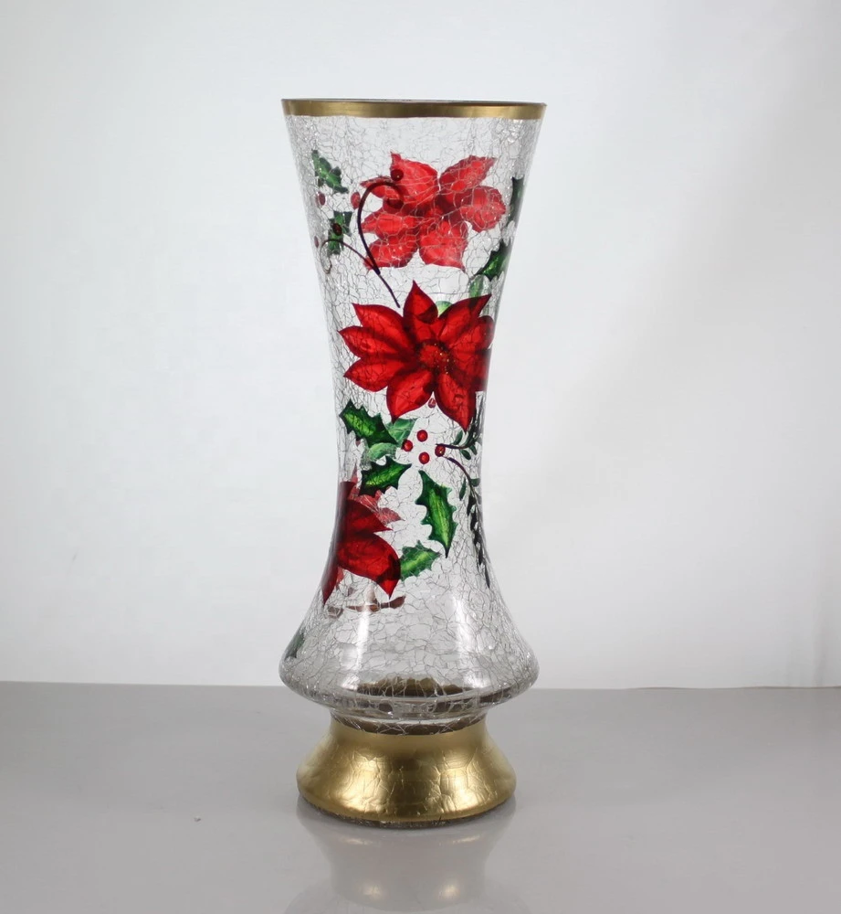 12&quot;H CRACKLE GLASS VASE WITH HANDPAINTING POINSETTIA DESIGN CHRISTMAS ITEM
