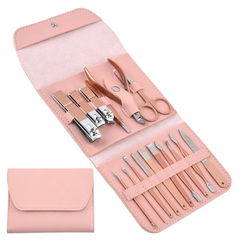 16 piece Rose gold Professional Pedicure manicure set Stainless Steel nail tools kit 16Pcs Pink Nail clippers set with PU Bag