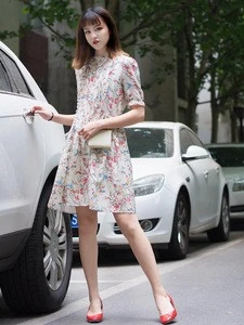 2018  vintage floral print  short-sleeve 100% silk dress for woman