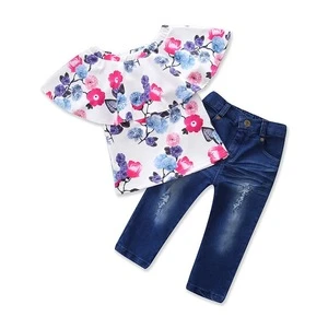 2019 Newest Design Off Shoulder Kids Clothes Casual Jeans Girls Clothing Set