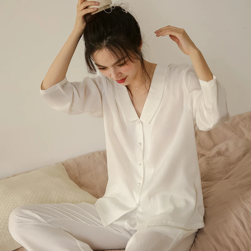 2021Best selling long sleeve shirt lounge wear silk pajamas  Womens nightgown 2 Pcs white jacquard Women sleepwear