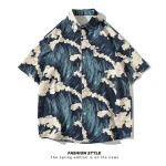 2024 Korean Summer New Printed Ice Silk Short Sleeved Shirt Fashionable Loose Size Beach Flower Shirt