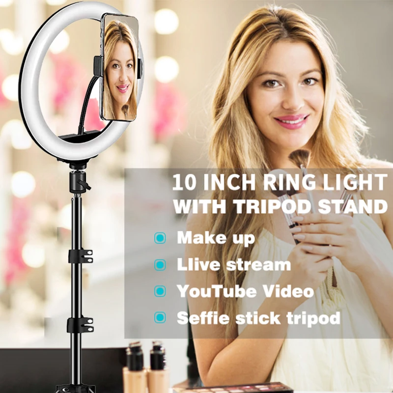 Adjustable Brightness10inch/26cmphone holder photographic lighting with 1.7M tripod standOutdoor live broadcast