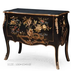american european Antique reproduction vintage  hand painted living room  classic bird chest cabinet