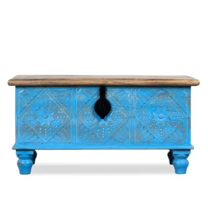 Antique Indian Hand Carved Distressed Blue Brown Wooden Trunk Spacious Top Lid Storage Coffee Table Home Living Room Bedroom