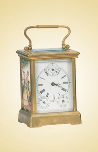 Antique Portable Metal Art Clock, Calendar And Alarm Mechanical Carriage Table Clock