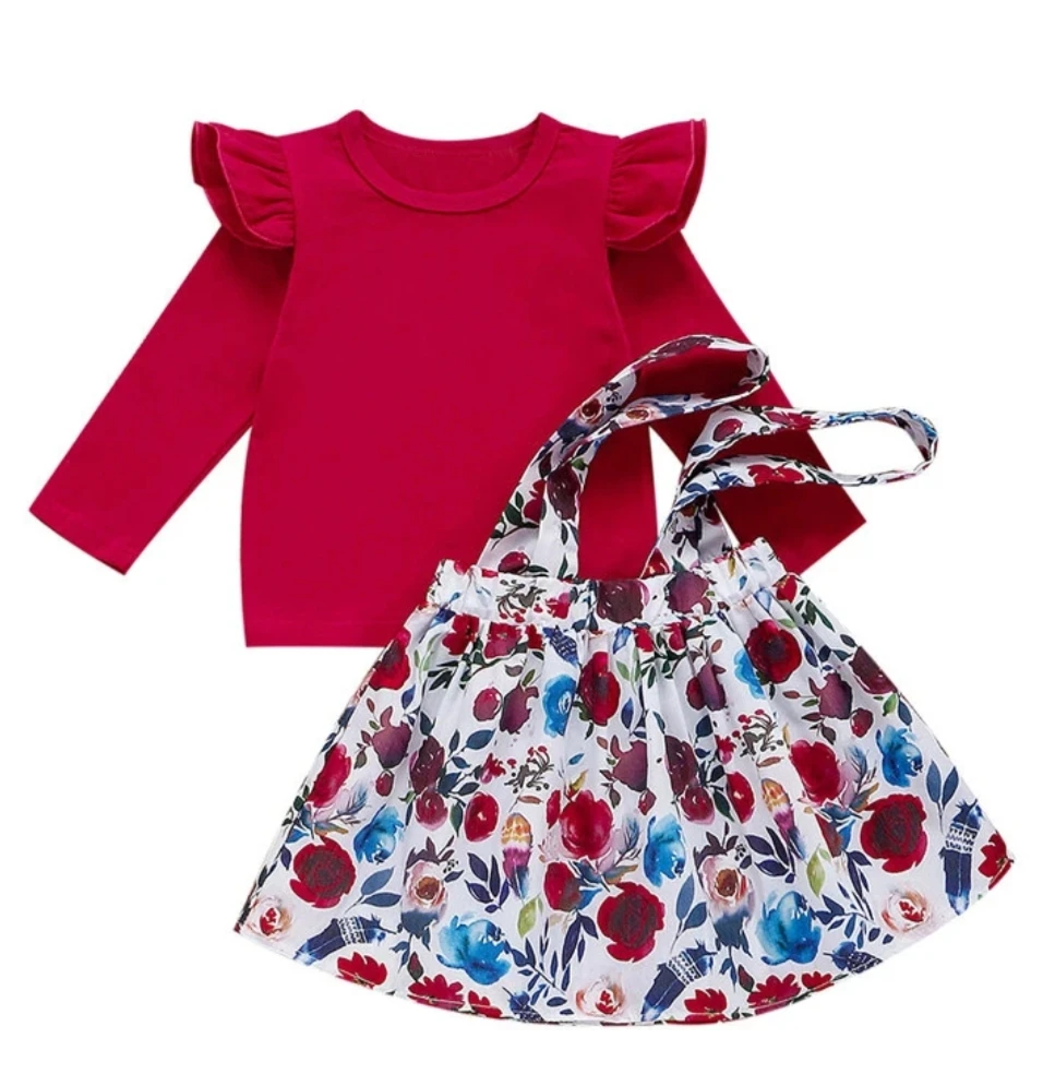 Baby Girl&#x27;s Flying Clothing Claus Long Sleeve Tops+Flower Suspender Dress  for 1Y-7Y