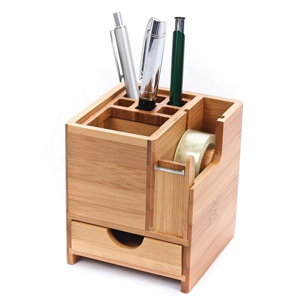Bamboo Desk Square Pen Pencil Holder Stand Office Organizer with Drawer &amp; Tape Dispenser