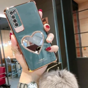 Best Selling Luxury Diamond Heart Makeup Mirror  Silicone Soft Phone Case for iPhone 12 Phone Case with Hairball