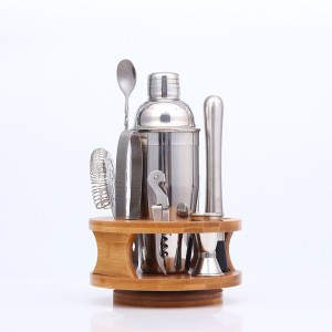 Best Selling Stainless Steel Bartender Kit Bar Accessories Cocktail Shaker Set With Rotating Wooden Stand 750ML