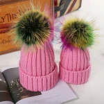 Big raccoon fur ball knitted wool hat women and kids knit beanie cap winter pom poms hats