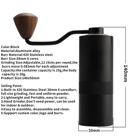 Black Manual Coffee Bean Grinder with Adjustable Coarseness Stainless steel Grinding Mill Manual Coffee Grinder Support Custom