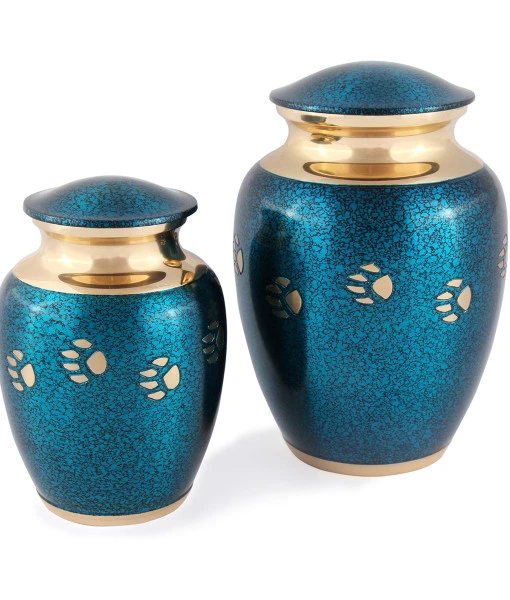 BLUE COPPER MARBLE  WITH SHINY GOLD PAW PET CREMATION URNS Funeral supplies
