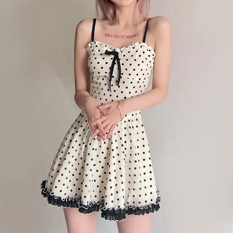Bow Fashion Polka-Dot Ruffle Stitching Lace Halter Short Summer Dress