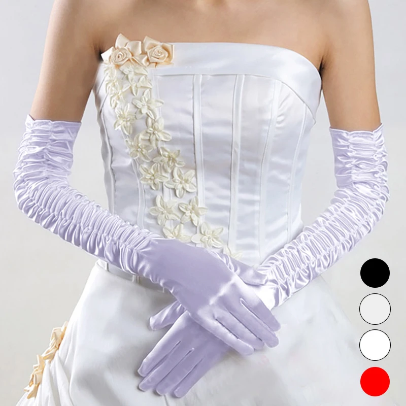 Bridal Wedding Gloves Lengthened over the Elbow Elastic Pleated Zou Spandex Satin Sunscreen Arm Sleeves