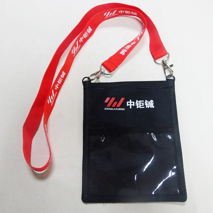 BSCI Factory High Quality Popular Fashion Style RFID Travel Business Black Card Holder with Red Lanyard for Passport Visa Post