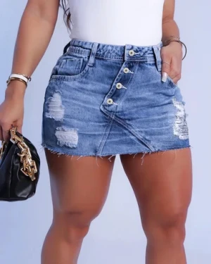 C CLOTHING Wome Skinny Mini Denim Skirt Hollow Out Tassel Button High Waist Skirt Short Jean Skirts