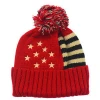 Cable Knit USA Flag Cuffed Winter Warm Beanie Trendy Knit Ribbed Pom Pom Hat