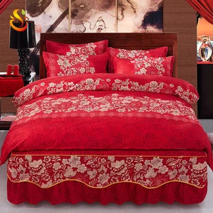 China supplier polyester cotton red roses pattern sheet four pieces cotton bedding sets bed skirt style