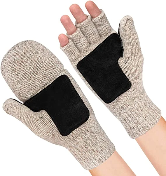 Cold Weather Outdoor Winter Warm Lady Mens Wool Convertible Fingerless mitten glove with Flap Cap Shooting Fishing Driving