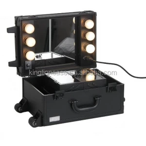 Cosmetic trolley case with lights mirror aluminum trolley make up case with lights