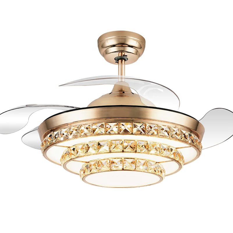 Crystal chandelier ceiling fans with lights 42 inch 110v remote control retractable 220v  lamp led  luz con ventilador oculto