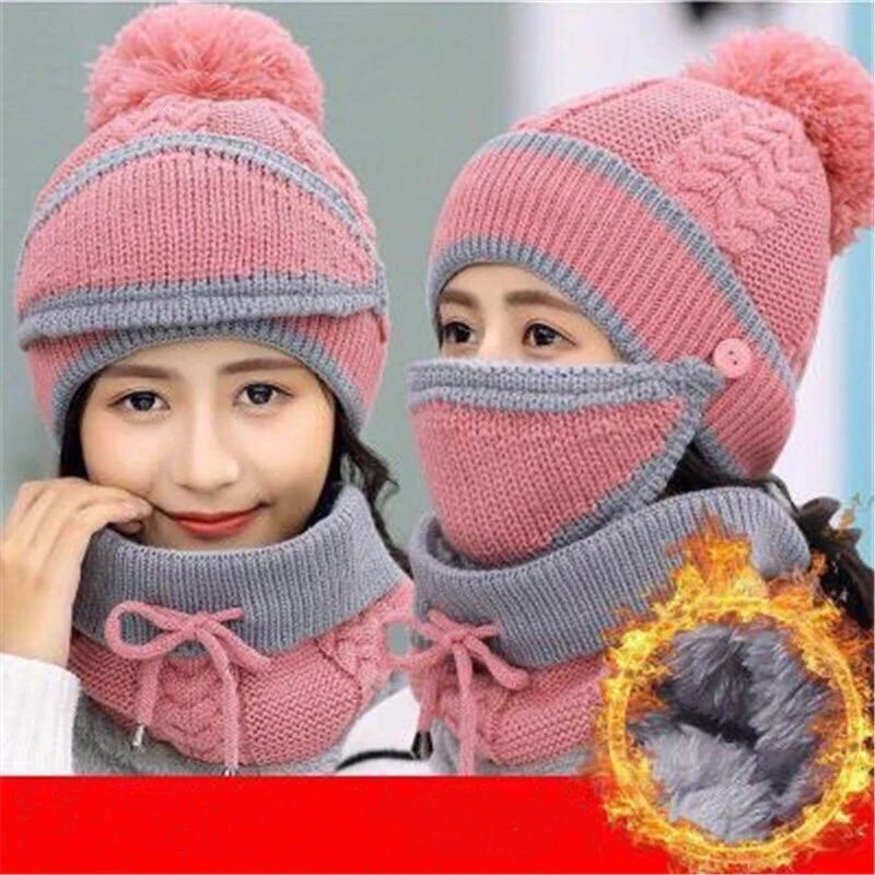 Custom Logo Plus Velvet Thickening Hat Cycling Windproof Ear Protection Knitted Women Winter Hat and Scarf Set