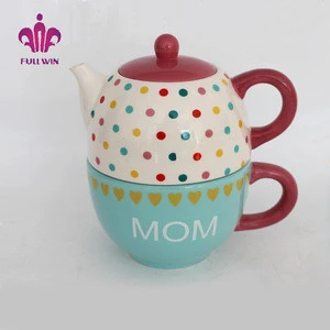 Custom lovely 2 in 1 Mother&#39;s day design gift decal ceramic coffee mug tea pot and cup set