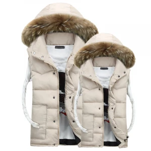 Custom outerwear zipper down cotton sleeveless jacket women short hooded rash down vest with fur hood waistcoat ladies gilet
