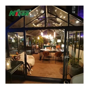 Customized Single Square Aluminum Winter Garden Conservatory Solarium Glass House Sliding Open Style Wood Frame Triangle Roof