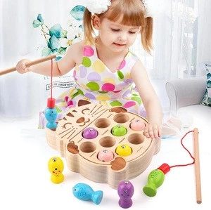 Cute cat shape Wooden Fishing Game Toys for Toddlers Fine Motor Skill Learning Magnet Pole Clamp Chopsticks Fishes &amp; Beads