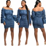 Dresses Women Elegant African Winter Autumn Fall Bodycon Turkey Jeans Denim Long Sleeve Dress Female RS00114