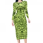 event dress  hawaii kanaka maoli ethnic style blue pattern long sleeve bodycon party dresses elegant casual midi dresses