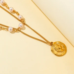Fashion Double Layered Gold Plating Figure Statue Coin Pendant Necklace Multiple Imitation Pearl Pendant Necklace