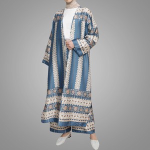 Fashion Ethnic Women Front Open Abaya Loose Printing Open Cardigan With pants Satin Muslim Cardigan
