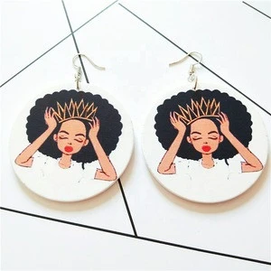 Fashion exaggerate vintage earrings african head pattern geometric round wood ladies earrings