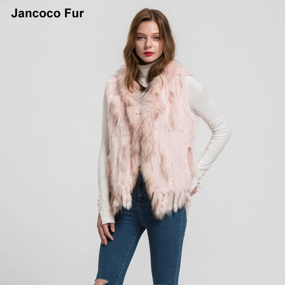 Fashion Womens Knitted Rabbit Fur Vest With Raccoon Fur Trim Real Fur Gilet