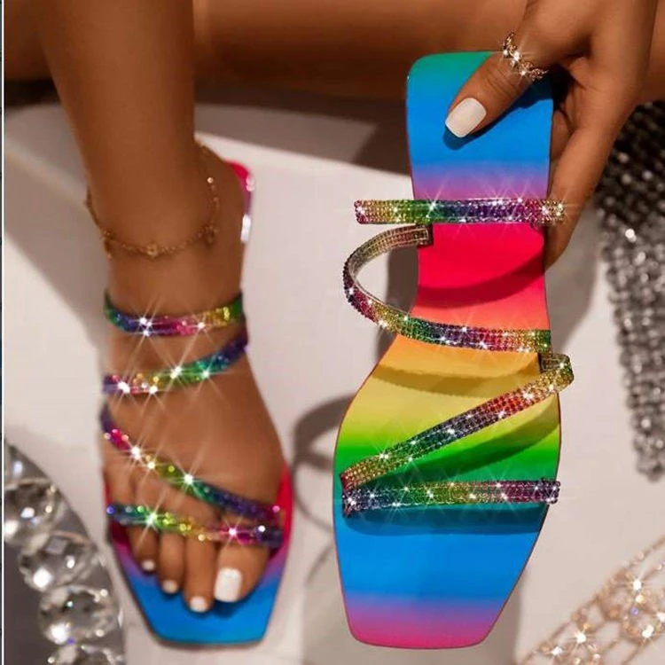 fashionable designers shoes beach rainbow rhinestone sandals lady diamond flat slides slippers for women