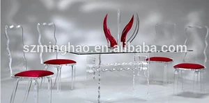 fashionable living room furniture sets acrylic glass dining table, chair with wheels and cushion