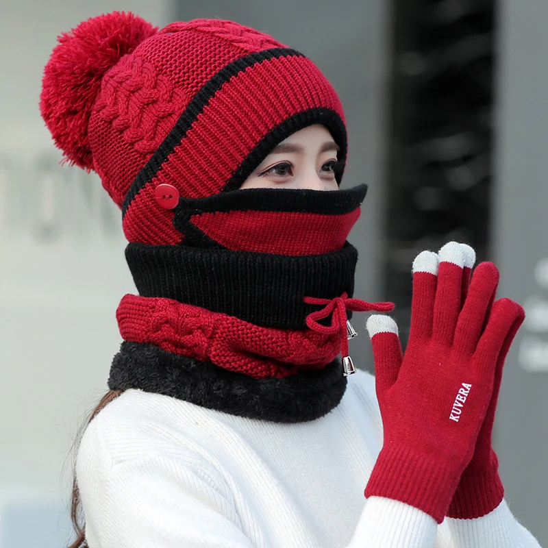 Female Warm Beanie Hat Scarf Mask Set Knitted Snow Ski  Winter Hats